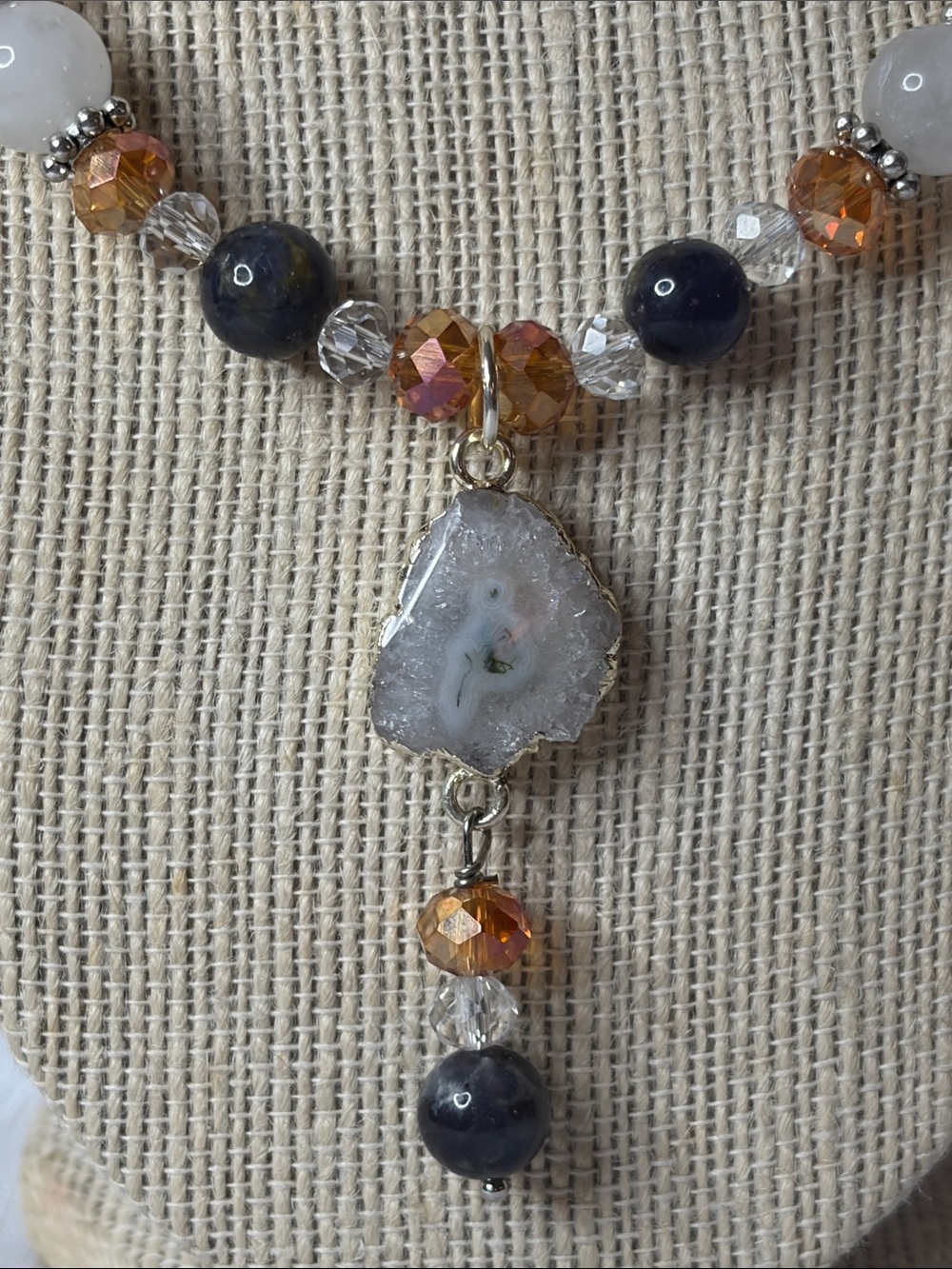 Handcrafted Iolite and White Jade Necklace and Earring Set w/Agate Pendant - Picture 3 of 7